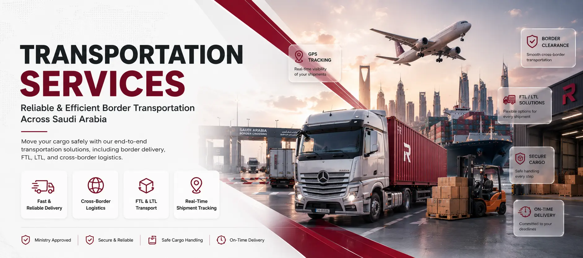 Cross-border transportation and land freight services by Radhi Customs Clearance in Saudi Arabia, featuring FTL, LTL, and secure cargo delivery.